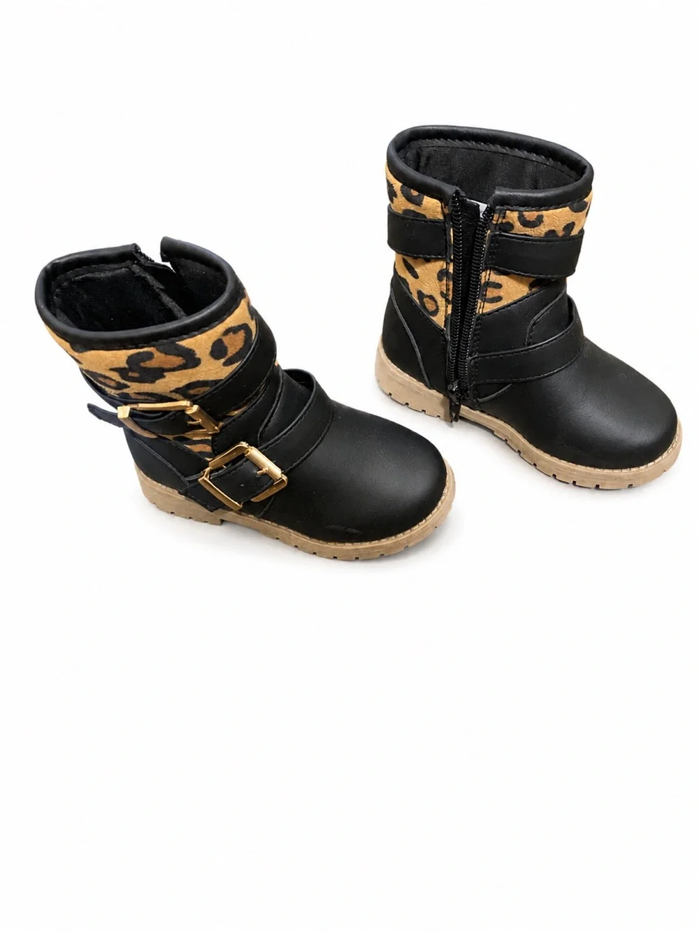 Little Girl’s Stylish Black Boots with Leopard Cuff